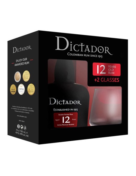 Rhum Dictador 12 ans + 2 Verres en Coffret