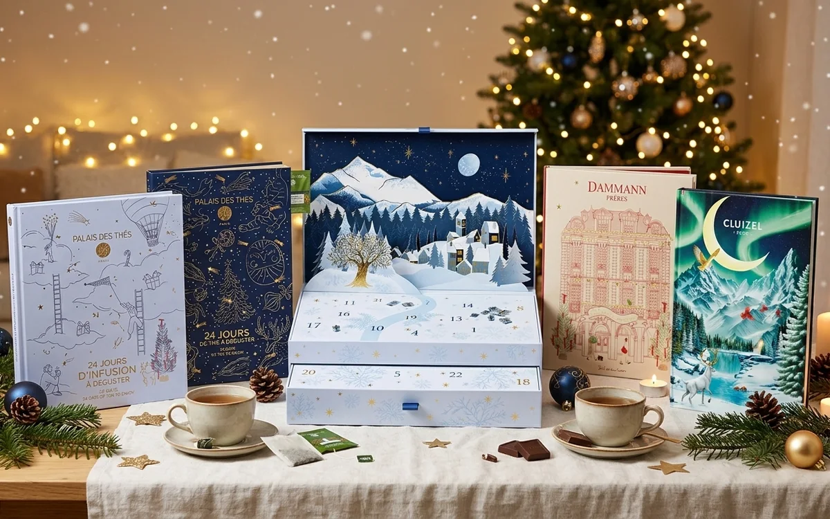 Calendriers de l'Avent de thés et de chocolats, sur une table de fête devant un sapin