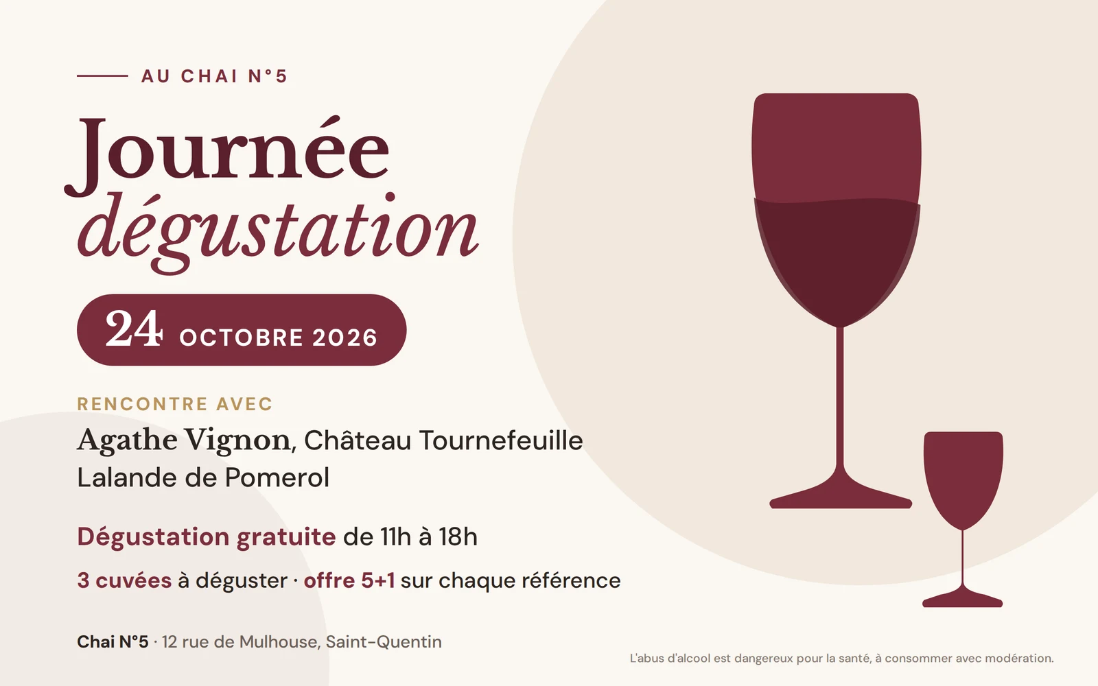 Journée dégustation du 24 octobre 2026 au Chai N°5, rencontre avec Agathe Vignon du Château Tournefeuille, Lalande de Pomerol. Dégustation gratuite de 11h à 18h, 3 cuvées, offre 5+1 sur chaque référence